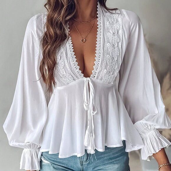 White Sexy Women's Contrast Lace Long Lantern Sleeve Blouse - Picture 3 of 3